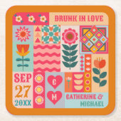 Retro Boho Bloemen Bold & Heldere Kleurrijke Bruil Kartonnen Onderzetters (Voorkant)