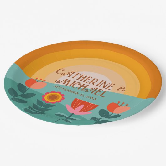 Retro Boho Bloemen Bold & Heldere Kleurrijke Bruil Papieren Bordje (Gekanteld)