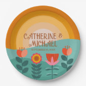 Retro Boho Bloemen Bold & Heldere Kleurrijke Bruil Papieren Bordje (Voorkant)