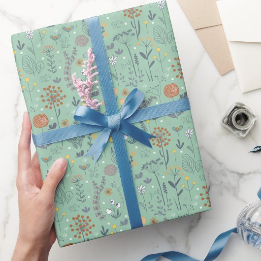 Retro Boho Bloemen Botanische Munt Groen Cadeaupapier