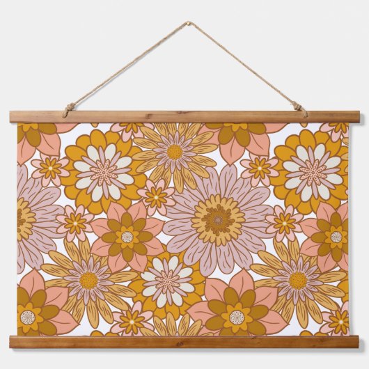 Retro Boho Bloemen Hout Top Wandtapijt Hangend Wandkleed (Voorkant)