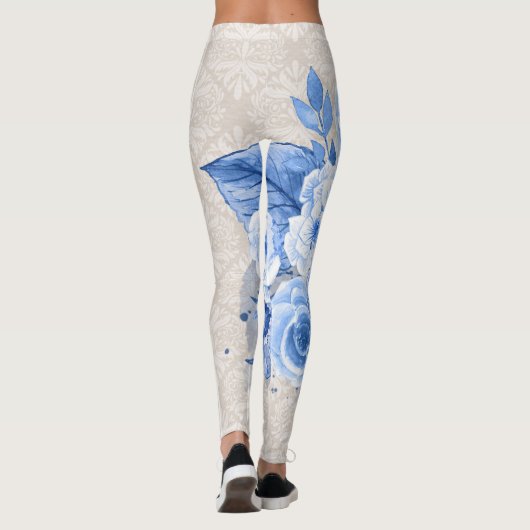 Retro Boho Bloemen Leggings voor Dames Blauwe Bloe (Achterkant)