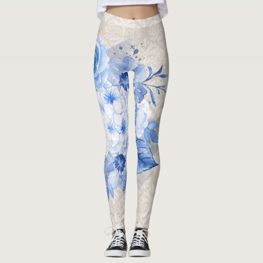 Retro Boho Bloemen Leggings voor Dames Blauwe Bloe (Voorkant)