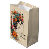 Retro Boho Bloemen Meisje Verjaardag Gift Bag Medium Cadeauzakje (Achterkant Gekanteld)