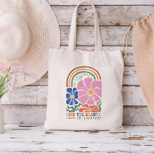 Retro Boho Bloemen Regenboog Inspiratie Quote Tote Bag