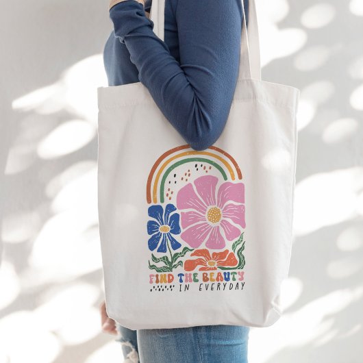 Retro Boho Bloemen Regenboog Inspiratie Quote Tote Bag