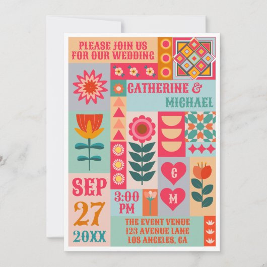 Retro Boho Bloemen Vet & Helder QR Code Bruiloft Kaart (Voorkant)