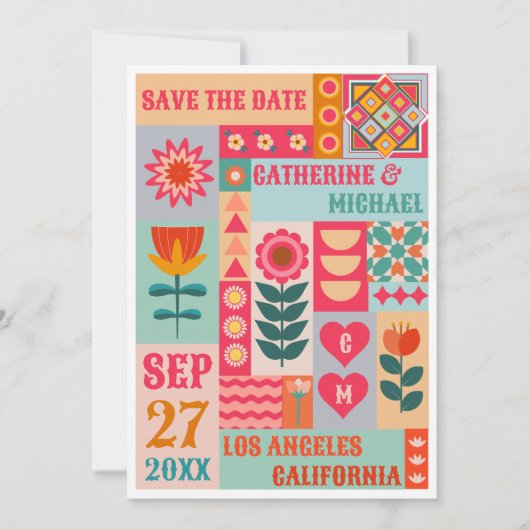 Retro Boho Bloemen Vet & Helder QR Code Bruiloft Save The Date (Voorkant)