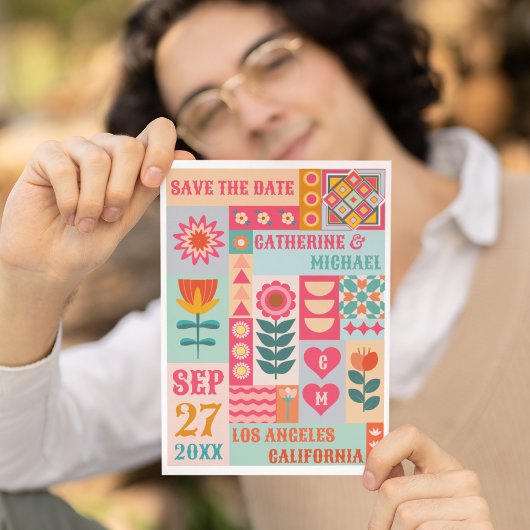 Retro Boho Bloemen Vet & Helder QR Code Bruiloft Save The Date