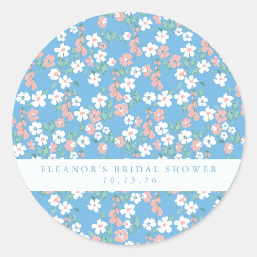 Retro Boho Blue Ditsy Floral Custom Vrijgezellenfe Ronde Sticker (Voorkant)