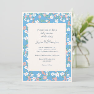 Retro  Boho Blue Ditsy Flowers Baby shower Kaart