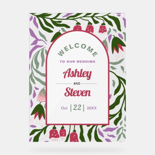 Retro boho boog, folklore bloemen welkom huwelijk acryl bord (Voorkant)