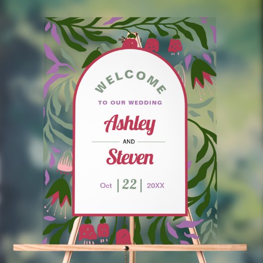 Retro boho boog, folklore bloemen welkom huwelijk acryl bord (Neutraal)