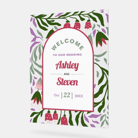 Retro boho boog, folklore bloemen welkom huwelijk acryl bord (Hoek)