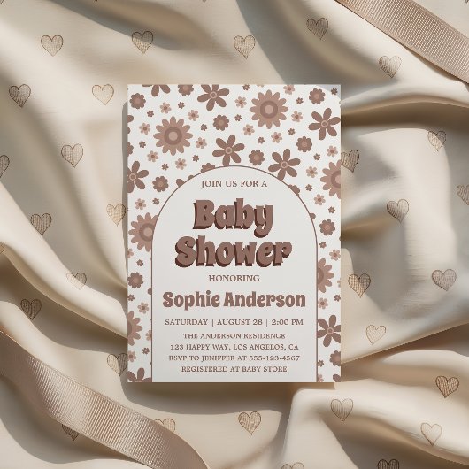 Retro Boho Brown Arch Daisy Floral Baby Shower Kaart