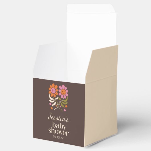 Retro Boho Brown Flower Groovy Baby shower Custom Bedankdoosjes (Geopend)