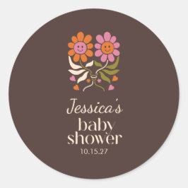 Retro Boho Brown Flower Groovy Baby shower Custom Ronde Sticker