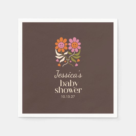 Retro Boho Brown Flower Groovy Baby shower Custom Servet (Voorkant)