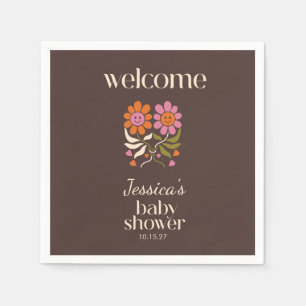 Retro Boho Brown Flower Groovy Baby shower Custom Servet