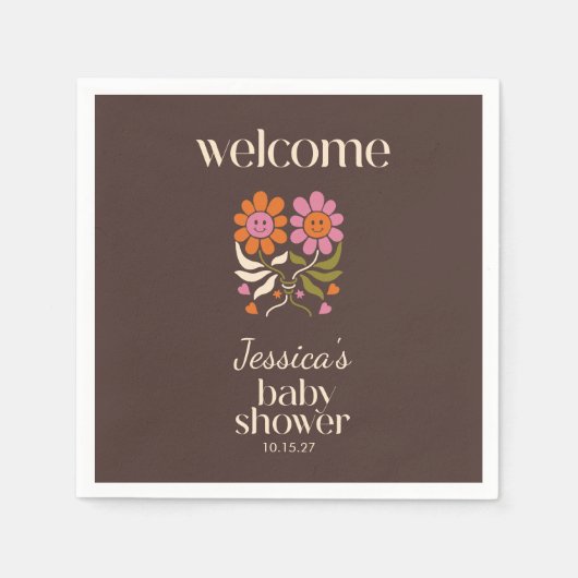 Retro Boho Brown Flower Groovy Baby shower Custom Servet (Voorkant)
