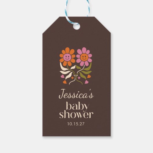 Retro Boho Bruin Bloem Twin Baby shower Custom Cadeaulabel (Voorkant)