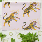 Retro Boho Brullende Tijger Oranje Roze Theedoek (Gevouwen)