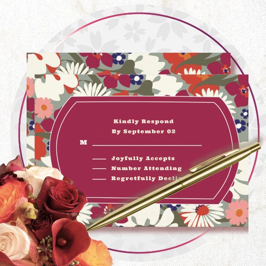 Retro Boho Chic Floral Burgundy Wedding RSVP