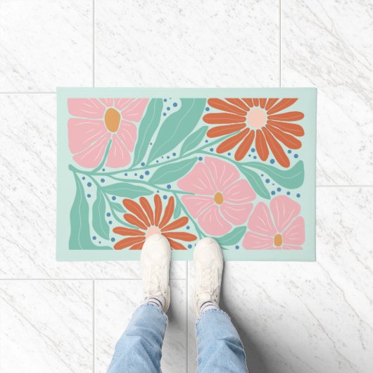 Retro Boho Chic Flowers Mint  Deurmat (Binnen)