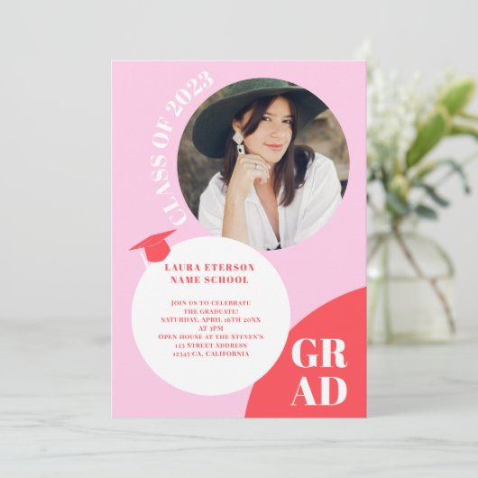 Retro boho cirkelrode roze 5 foto's afstuderen kaart (Staand voorkant)