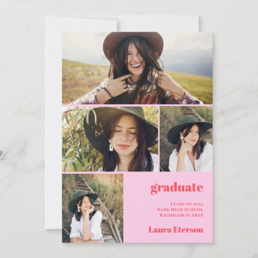 Retro boho cirkelrode roze 5 foto's afstuderen kaart (Achterkant)