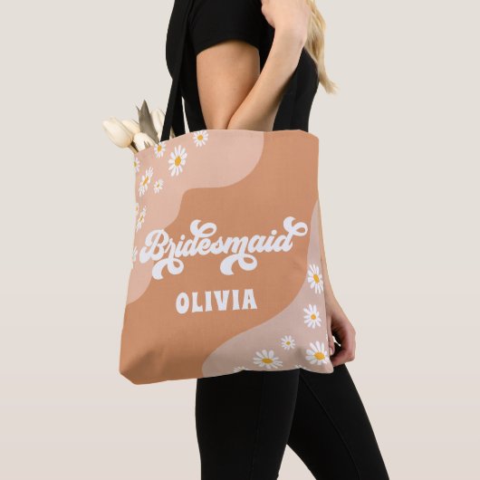 Retro Boho Daisy Persoonlijke Bridesmaid Gift Tote Bag (Dichtbij)
