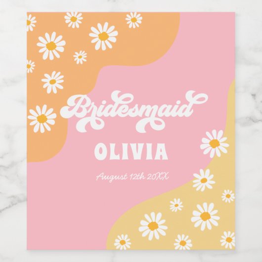 Retro Boho Daisy Persoonlijke Bridesmaid Gift Wijn Etiket (Enkel label)