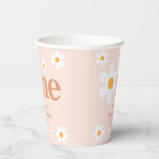 Retro Boho Daisy Roze Eerste Verjaardag Papieren Bekers (Rechts)