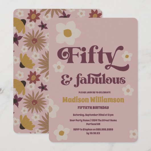 Retro Boho Dusty Pink 50 & Fabulous Birthday Kaart (Voorkant / Achterkant)