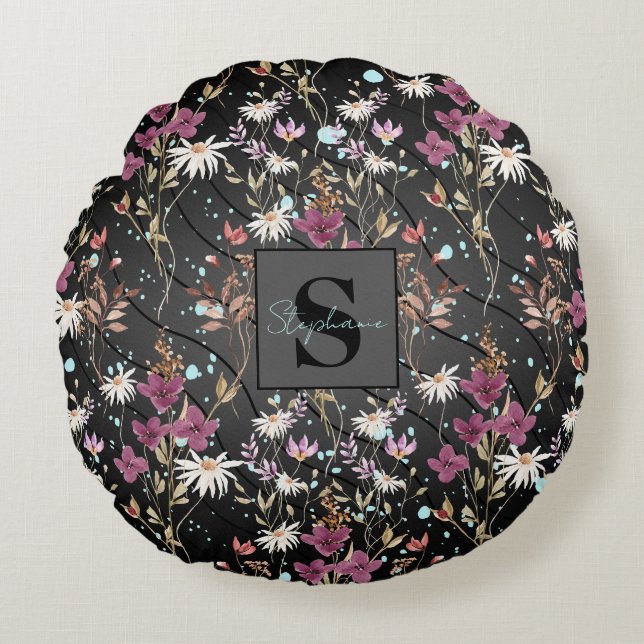 Retro Boho Elegant Wildflower Monogram Rond Kussen (Voorkant)