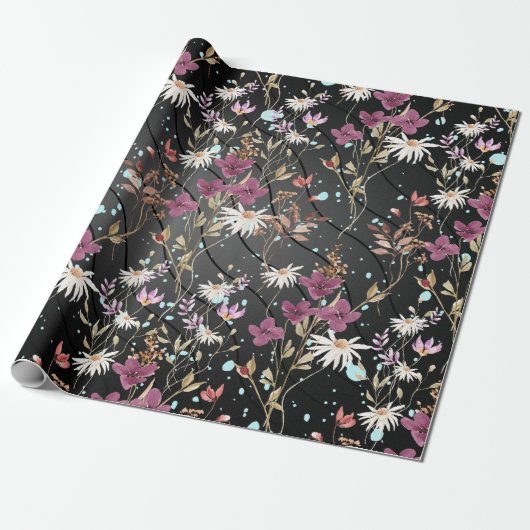 Retro Boho Elegante Wildbloemen Cadeaupapier (Uitgerold)