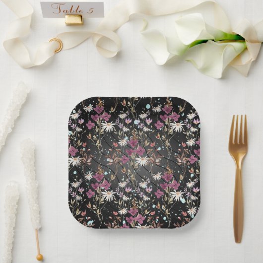 Retro Boho Elegante Wildbloemen Papieren Bordje (Huwelijk)