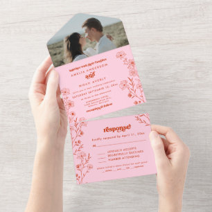 Retro Boho Floral Alles In Een Bruiloft Uitnodigin All In One Uitnodiging
