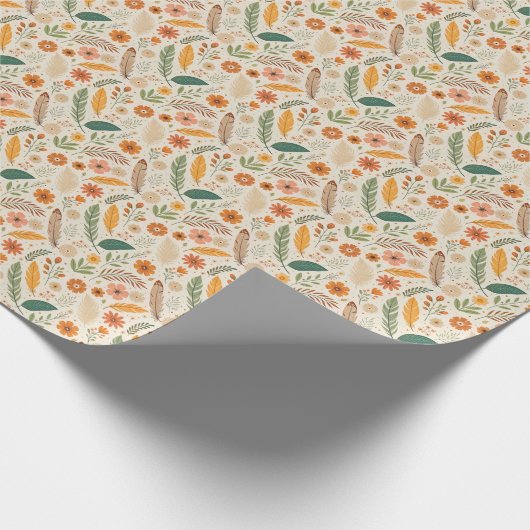 Retro Boho Floral and Feather Pattern Cadeaupapier (Hoek)