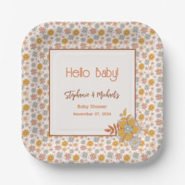 Retro Boho Floral Baby shower Genderneutraal Papieren Bordje