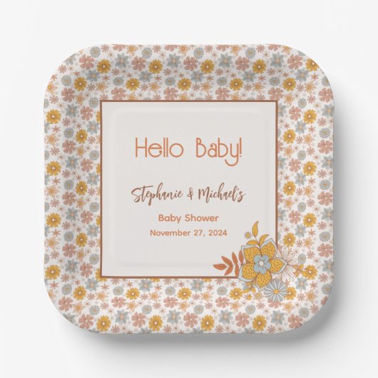 Retro Boho Floral Baby shower Genderneutraal Papieren Bordje (Voorkant)