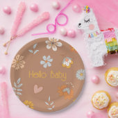 Retro Boho Floral Baby shower Hallo Baby Papieren Bordje (Feest)
