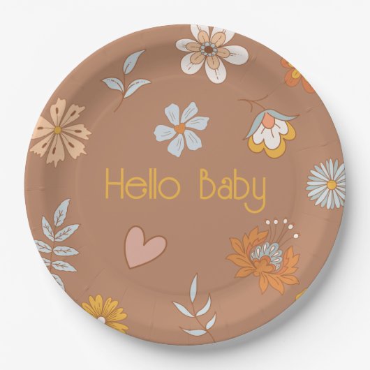 Retro Boho Floral Baby shower Hallo Baby Papieren Bordje (Voorkant)