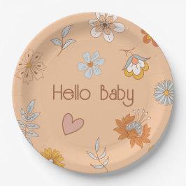Retro Boho Floral Baby shower Hallo Baby Papieren Bordje
