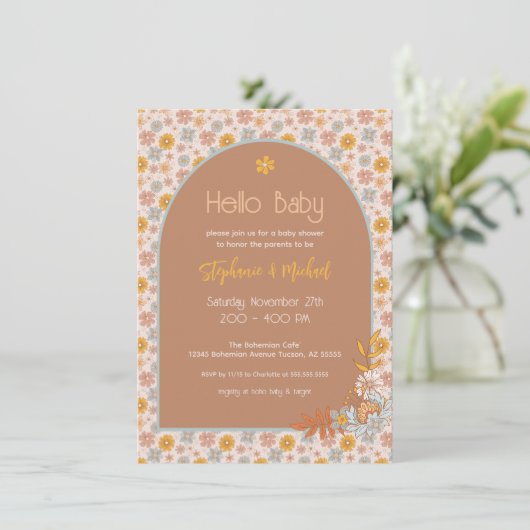 Retro Boho Floral Baby shower Uitnodiging (Staand voorkant)