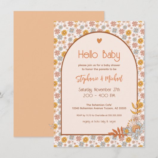Retro Boho Floral Baby shower Uitnodiging (Voorkant / Achterkant)