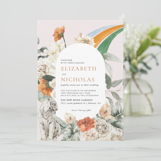 Retro Boho Floral Greenery Botanical Wedding Kaart (Staand voorkant)