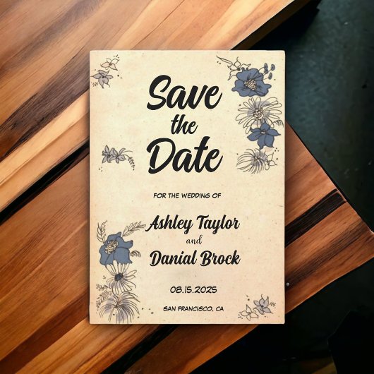Retro Boho Floral Wedding Save the Date Kaart