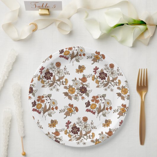 Retro Boho Flowers Pattern Papieren Bordje (Huwelijk)