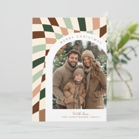 Retro Boho Geruite Foto Kerst Kaart (Staand voorkant)